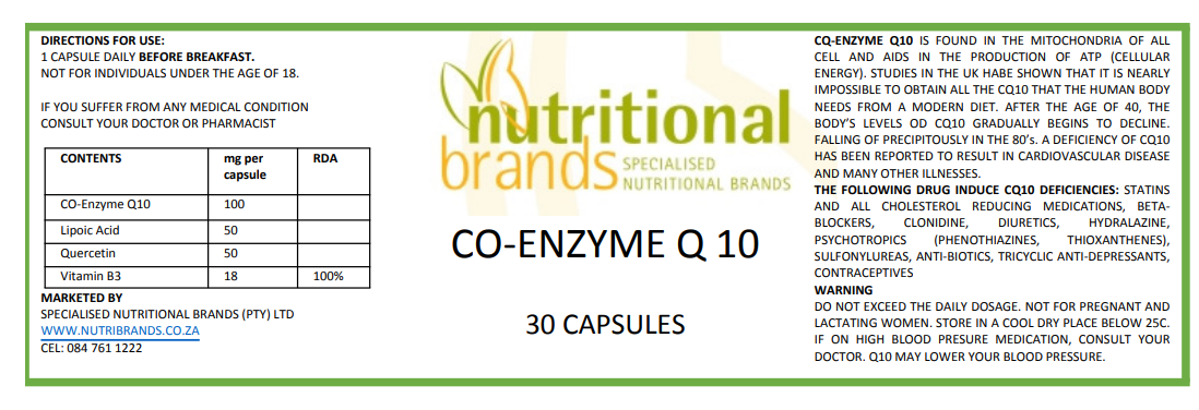 Co Enzyme Q10 (100mg x 30 Caps @ 6.2 cents per mg)