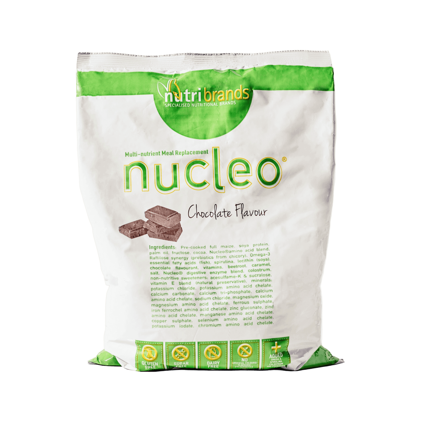 Pack of Nucleo multi-nutrient meal replacement powder with chocolate flavor