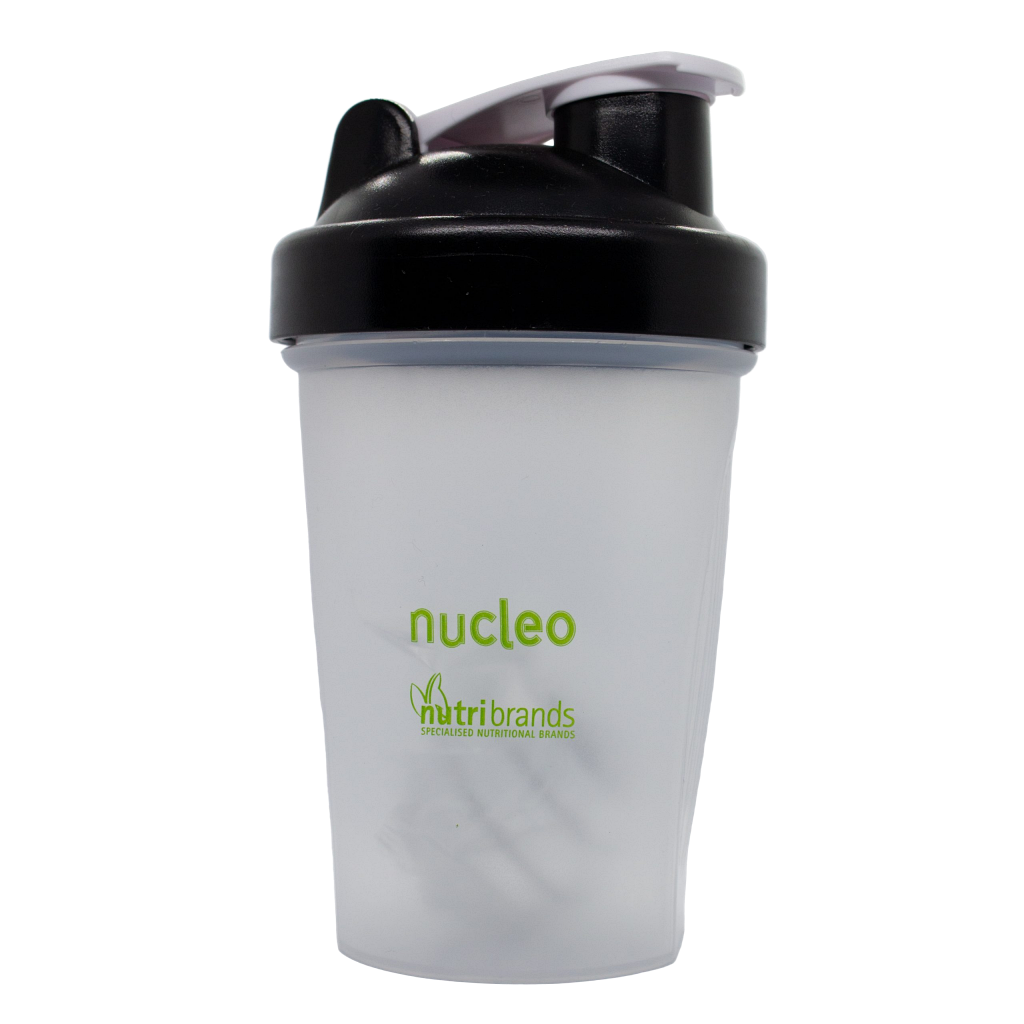 Shaker bottle with black lid and 'nucleo' branding
