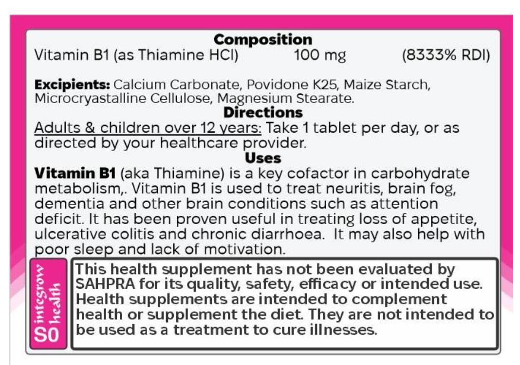 Vitamin B1 Thiamine (100 mg x 90 tablets @ 1.8 cent per mg)