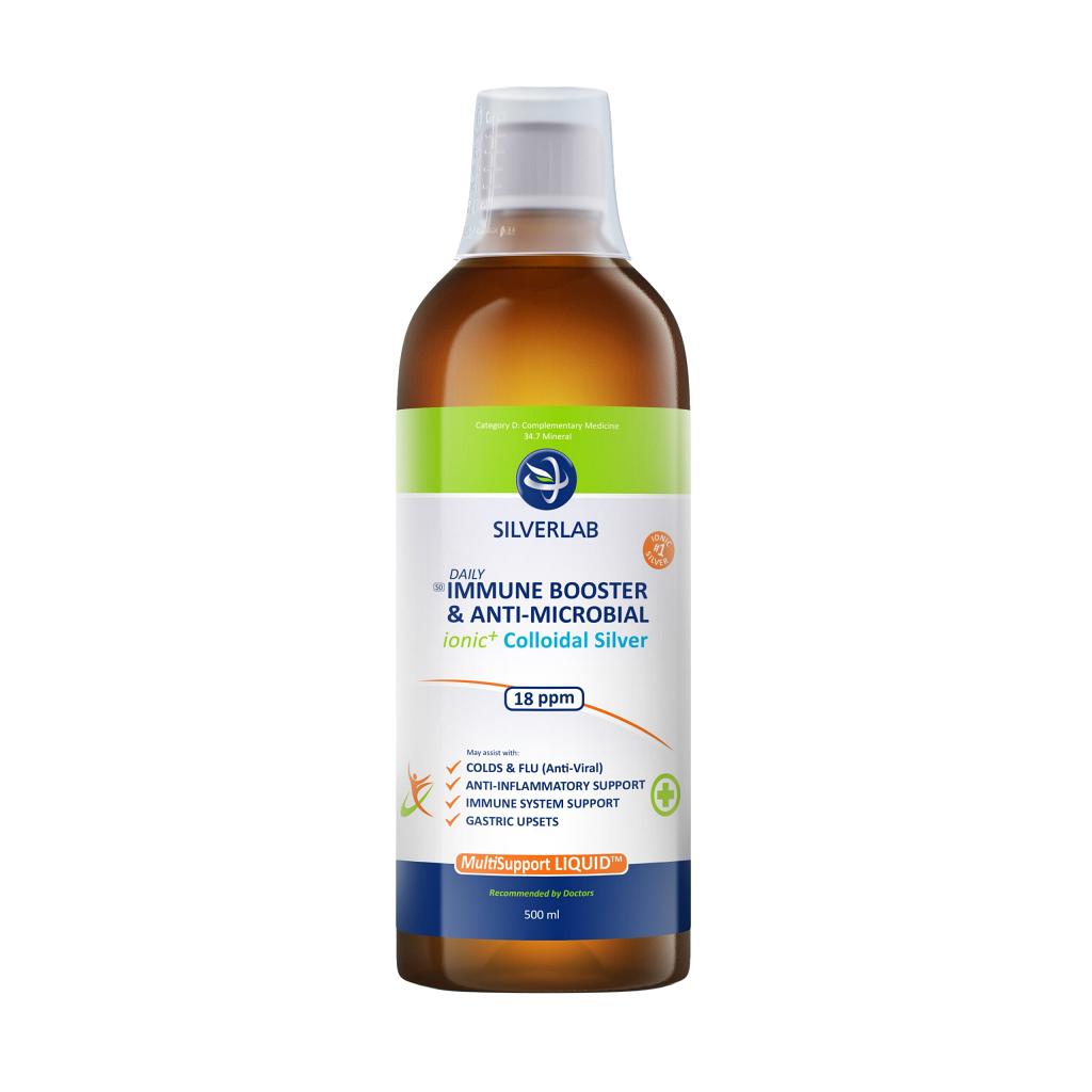 Bottle of Silverlab Immune Booster & Anti-Microbial colloidal silver, 500 ml