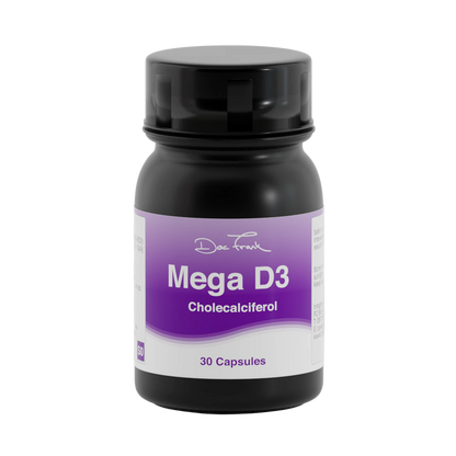 Bottle of Mega D3 Cholecalciferol capsules